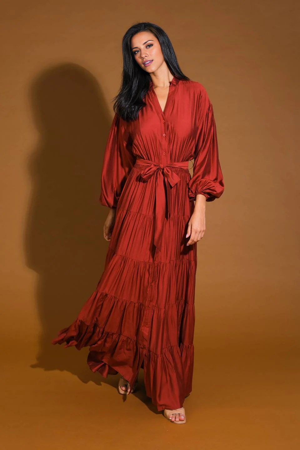 DingJiDress November December Wedding Guest Dress V Neckline Long Sleeve Button Down Elasticized Waist With Self Sash Tie Formal Party Dress