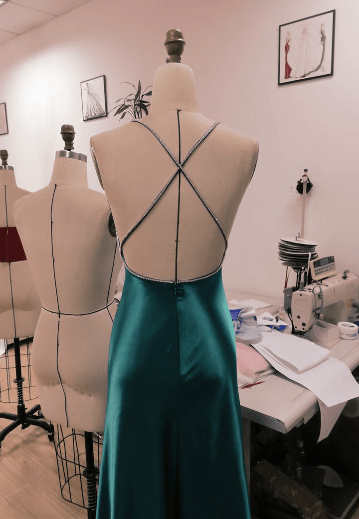 Teal Blue Satin Cross Back Long Wedding Party DressTeal Blue Prom Dress