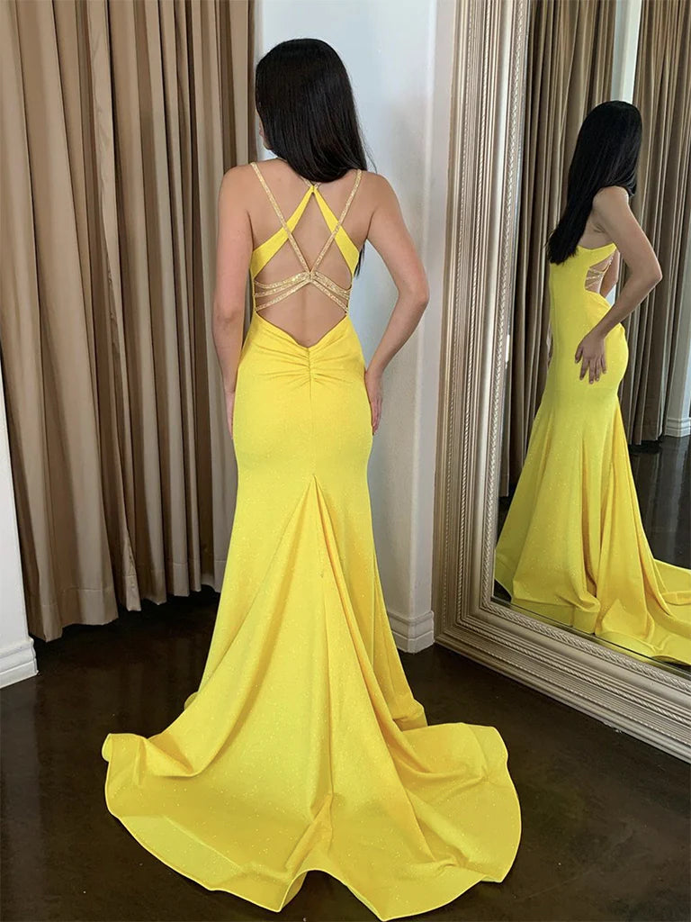 Simple Backless Satin Yellow Long Prom Dress  Yellow Evening Dress