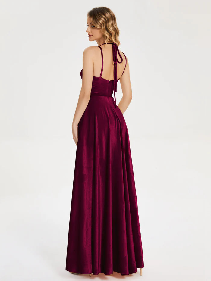 V-neck Straps Velvet Prom Dress with Slit