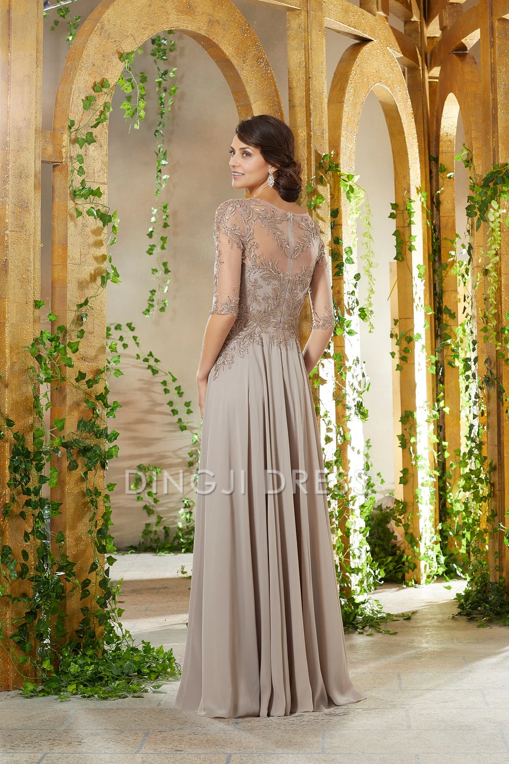 DingJiDress Evening Dress Exquisite A Line Half Sleeve Lace Applique Retro Long Mother Of The Bride Dress