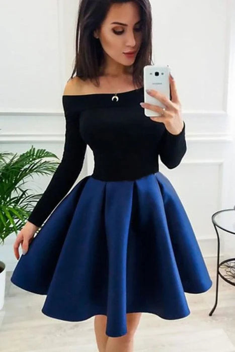 Off the Shoulder Blue and Black Homecoming Short Prom Dresses