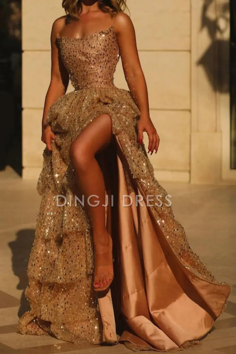 DingJiDress Sparkly A Line Strapless Corset Layering with Ruffles Luxurious Prom Dress