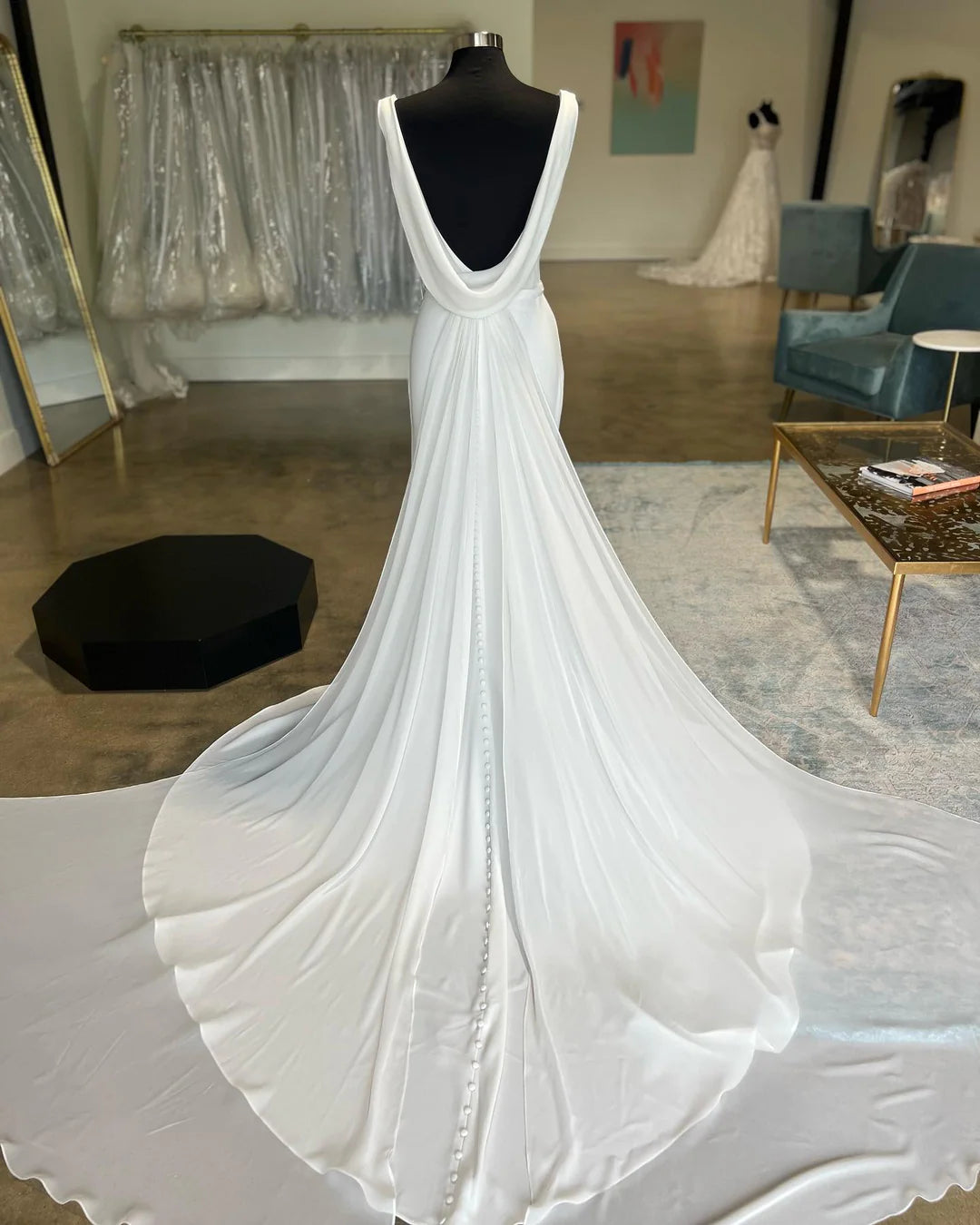 White Cowl Neck Open Back Mermaid Long Wedding Dress