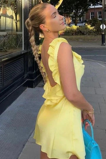 Yellow Straps Ruffles Satin Pleats Short Homecoming Dress