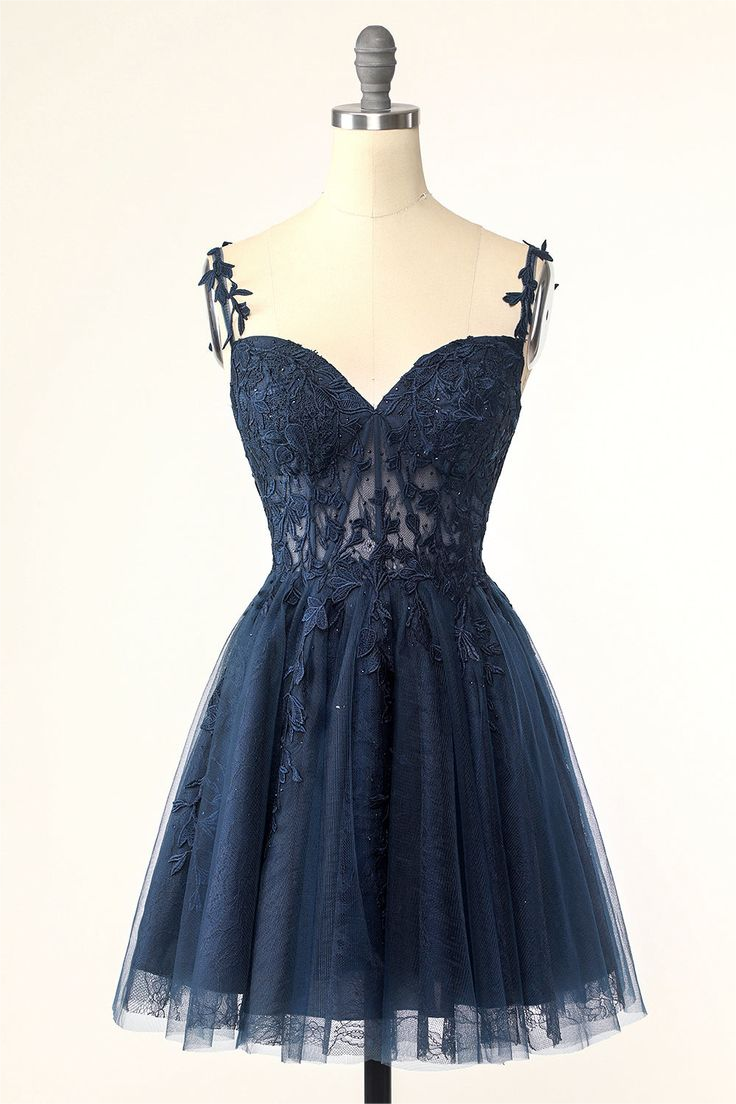 Dark Navy Tulle Sweetheart Spaghetti Strap Sleeveless Homecoming Dress With Embroidery