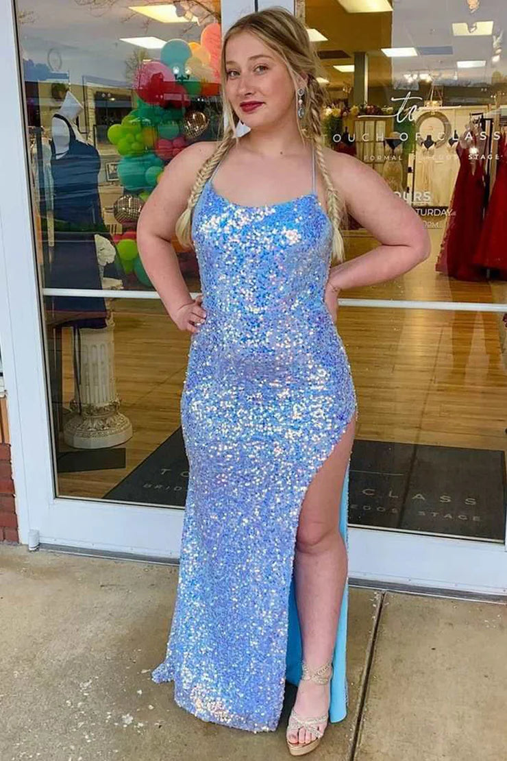Sparkly Mermaid Scoop Neck Light Blue Sequins Long Prom Dresses with Slit