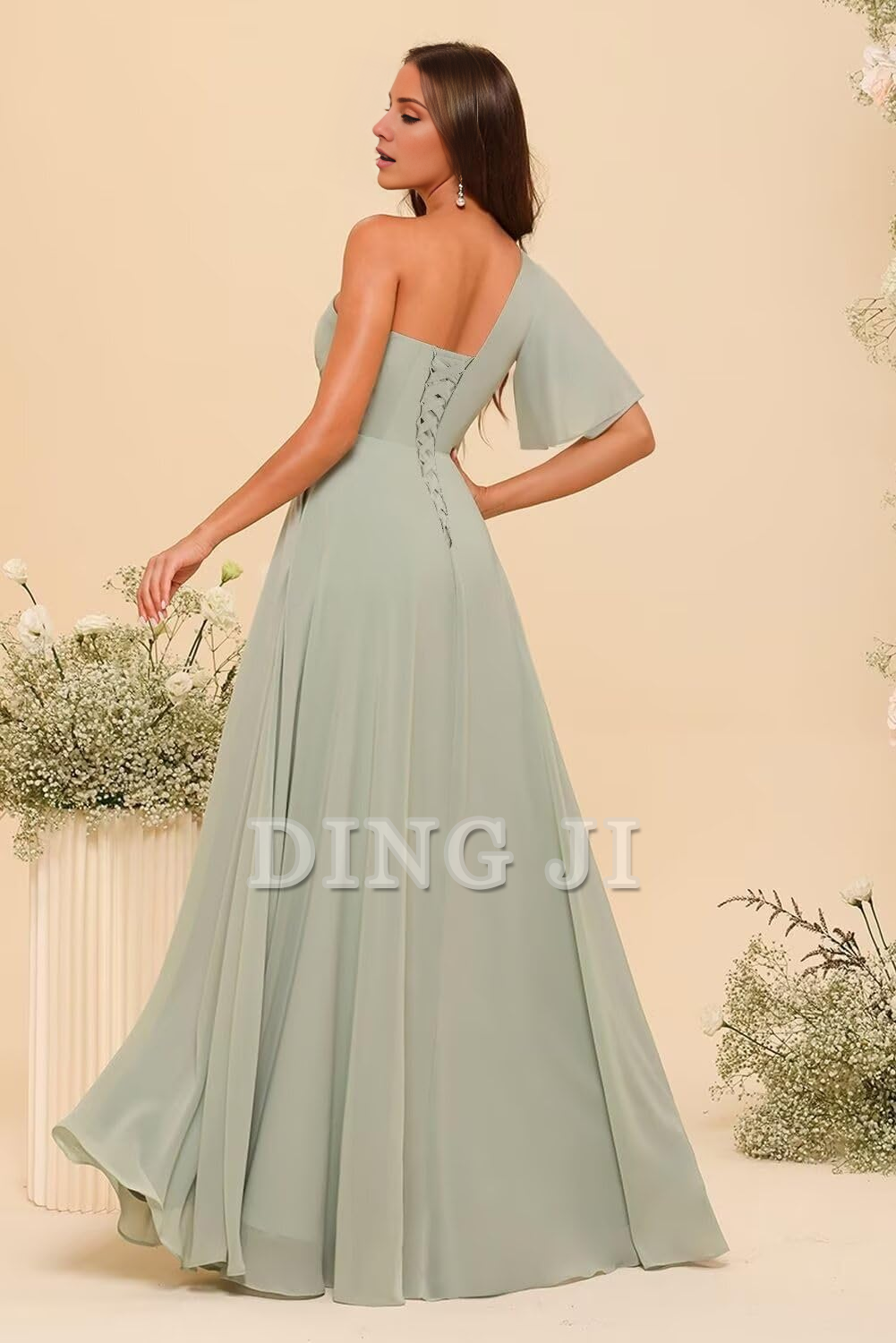 DingJiDress Bridesmaid Dresses Single Sleeve Short Sleeves Chiffon Side Fork Pleated Elegant Formal Wear Dresses