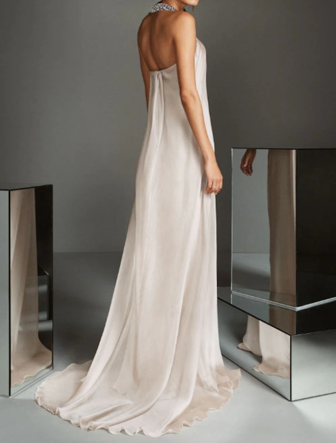 Sheath Evening Gown Beautiful Back Dress Wedding Guest Party Wear Sweep / Brush Train Sleeveless Halter Neck Chiffon with Beading Sequin Draping
