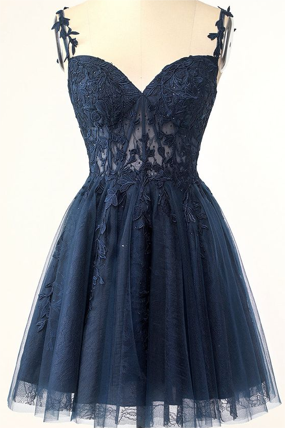 Dark Navy Tulle Sweetheart Spaghetti Strap Sleeveless Homecoming Dress With Embroidery