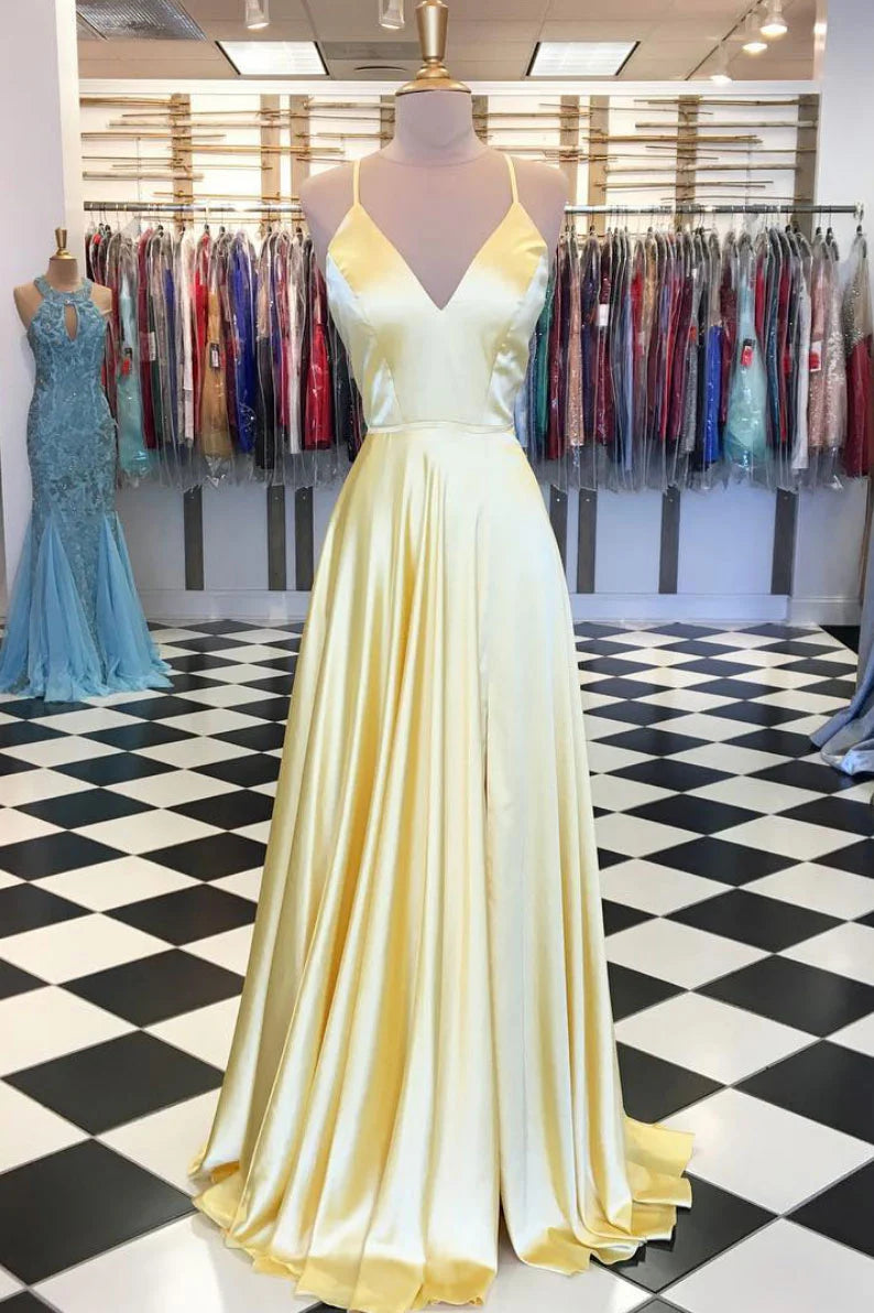 Simple yellow satin long prom dress  yellow evening dress