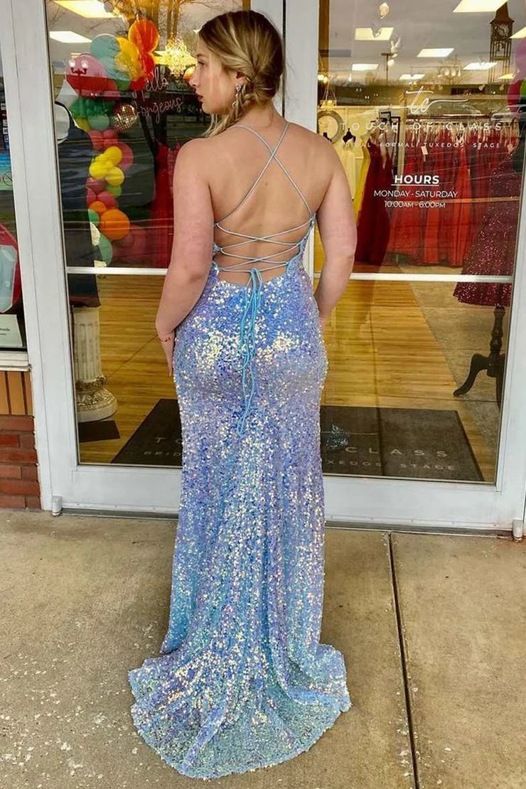 Sparkly Mermaid Scoop Neck Light Blue Sequins Long Prom Dresses with Slit
