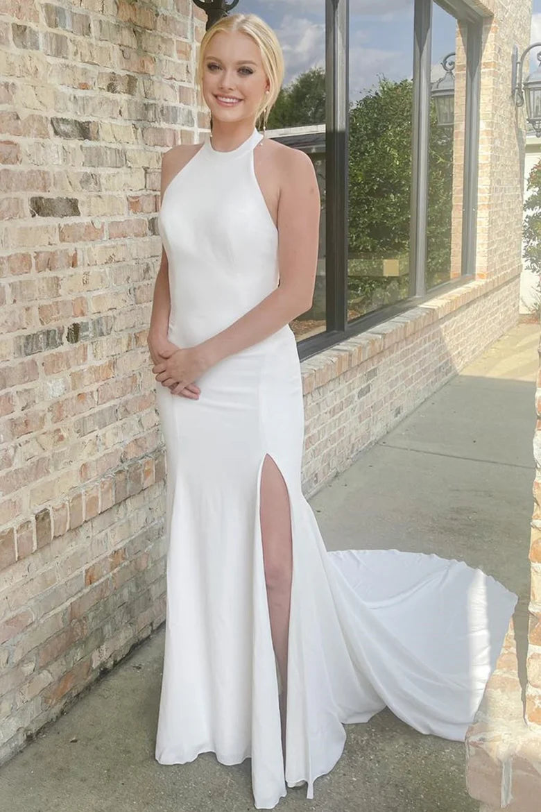 White Halter Mermaid Long Wedding Dress with Slit