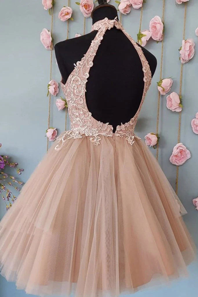 Pink tulle lace short prom dress lace homecoming dress