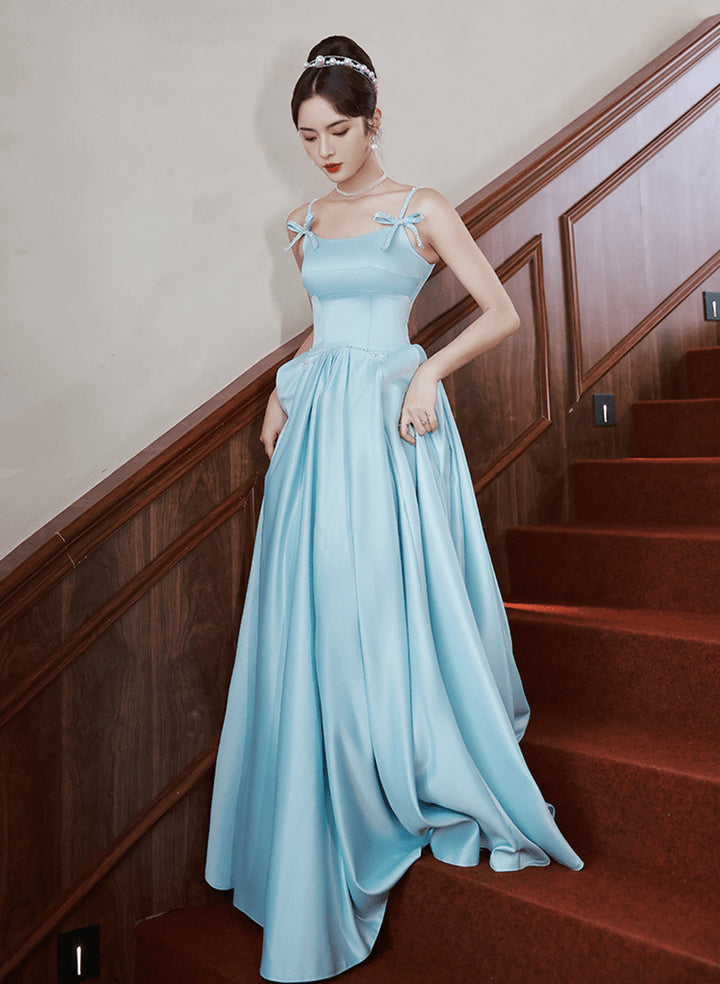 Blue Satin A-line Pretty Long Prom Dress Blue Satin Wedding Party Dress