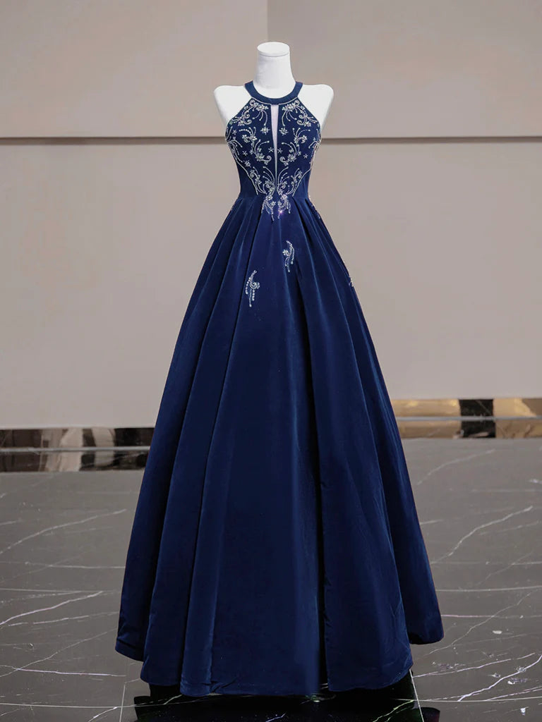 A-Line Velvet Beads Dark Blue Long Prom DressBlue Long Evening Dress