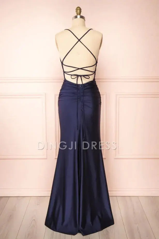 DingJiDress Satin Sheath Spaghetti Strap Sleeveless Mid waist Backless Side Fork Sexy Charming Prom Dress