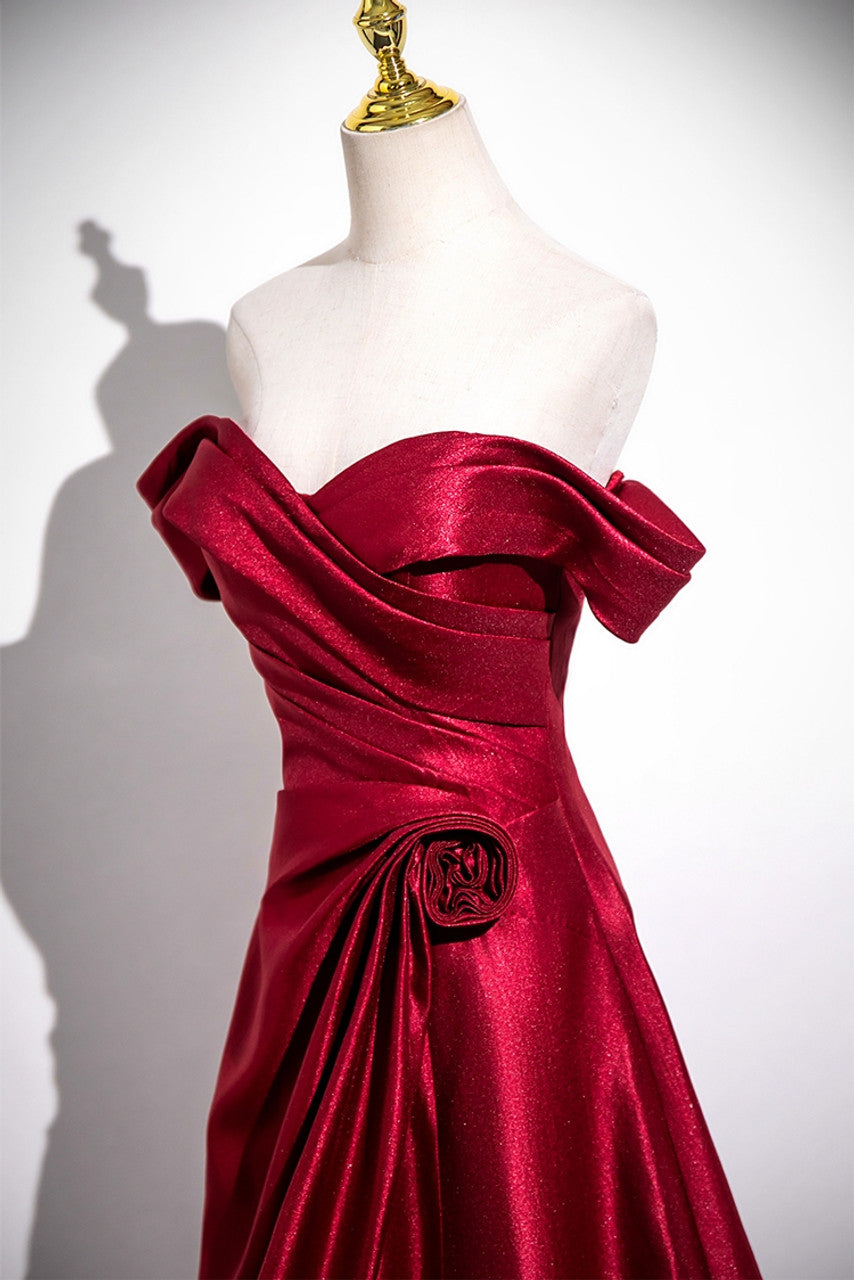 Burgundy Satin Off the Shoulder Pleats Flower Prom Dress
