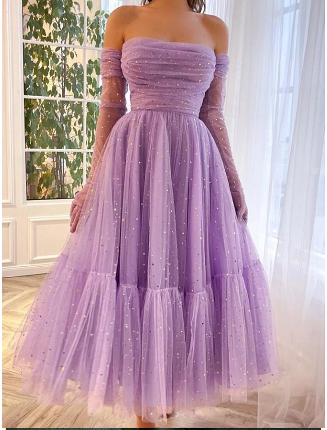 Women's Maxi Dress Party Dress Tulle Dress Elegant Sexy Formal Party Wedding Guest Engagement Regular Fit Plain Sleeveless Off Shoulder Purple Summer Spring Fall