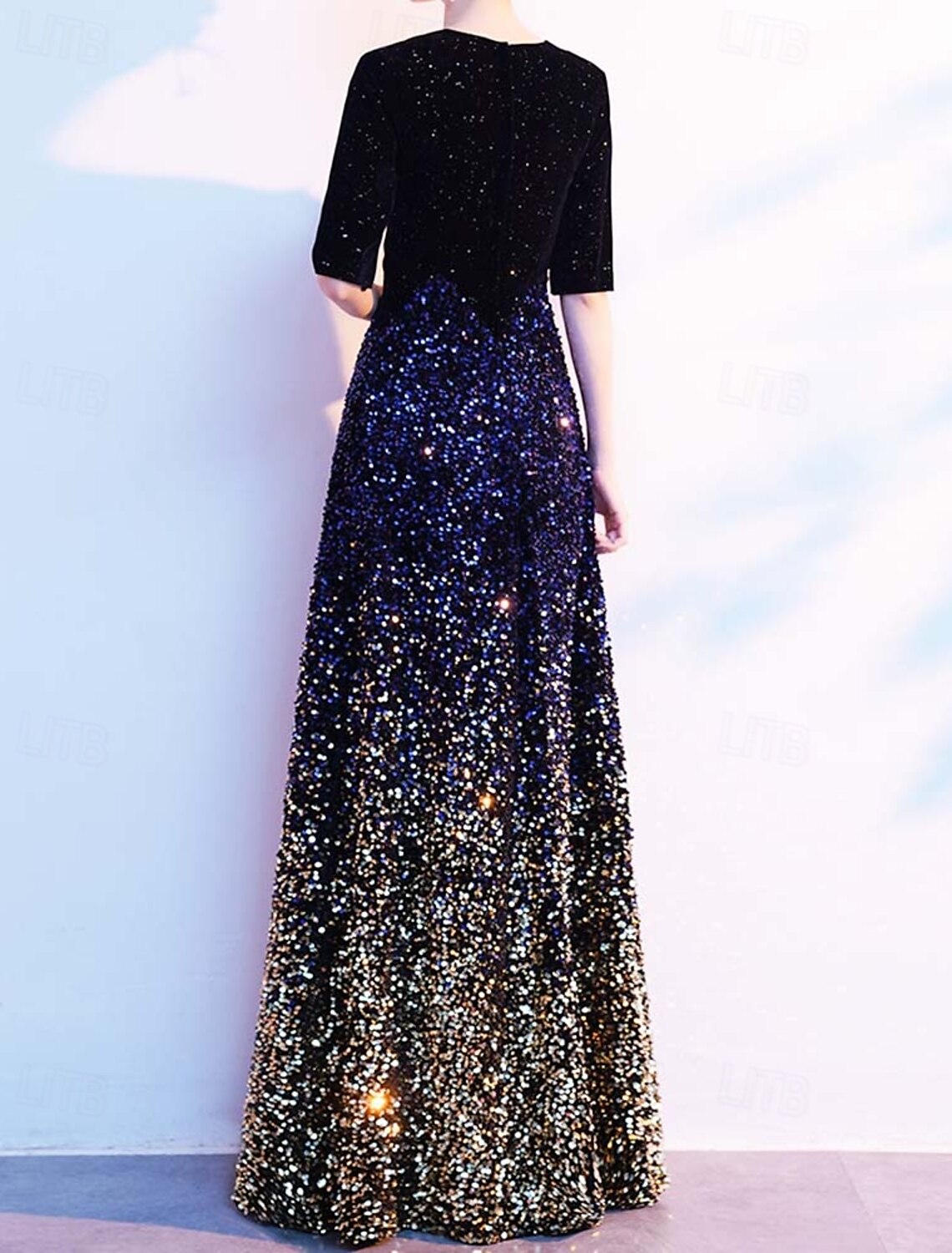 A-line Evening Gown Vintage Dress Formal Wedding Floor Length Half Sleeve V Neck with Ombre Glitter