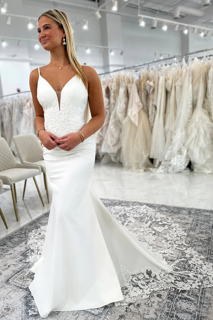 Mermaid V Neck Elastic Satin Long Wedding Dress with Appliques