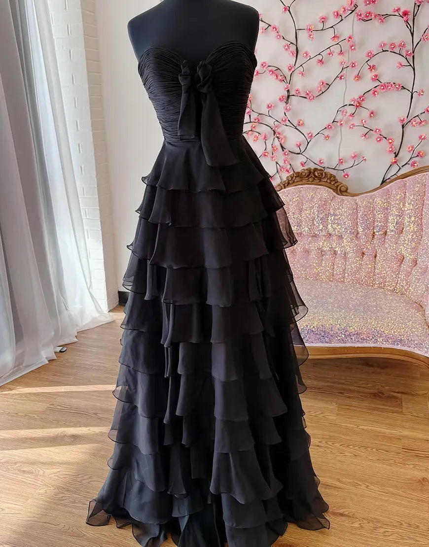 Fashion A-line strapless pleated bow chiffon long ball skirt