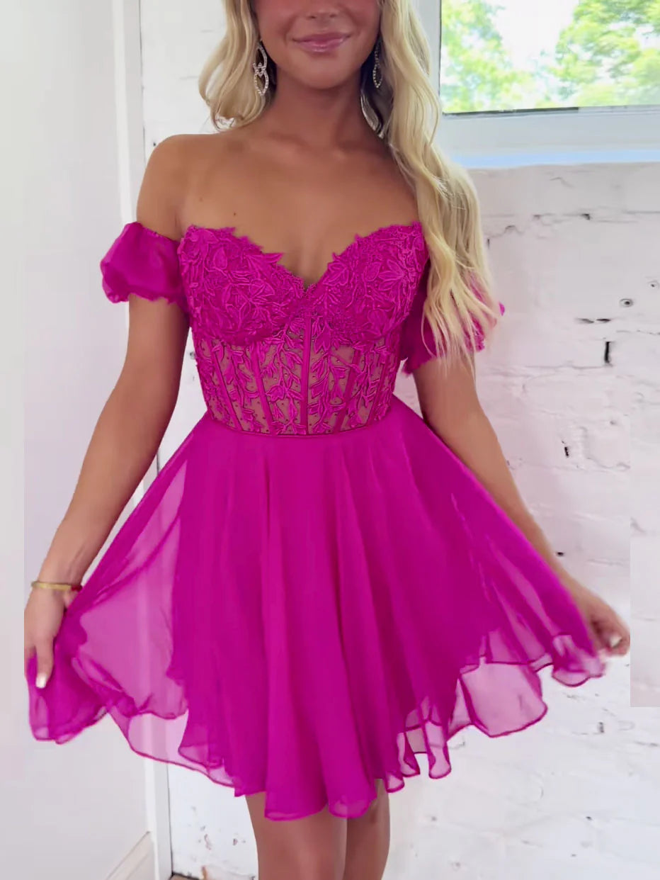 A-line Off Shoulder Short Prom Dress Cute Homecoming Dresses