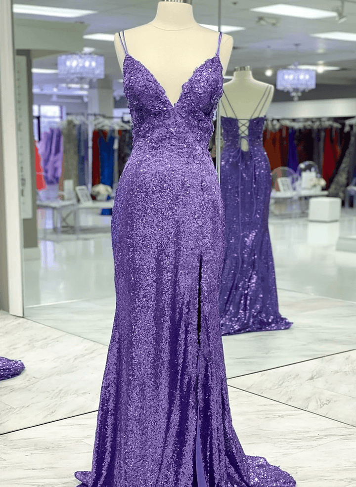 Purple Sequins Mermaid Straps Long Formal DressMermaid Sequins Prom Dress