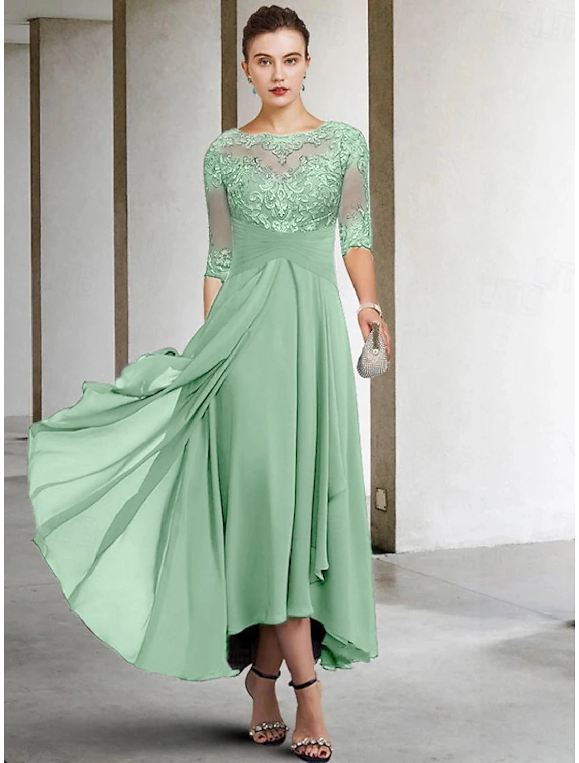 A-Line Mother of the Bride Dress Wedding Guest Elegant Plus Size High Low V Neck Asymmetrical Ankle Length Chiffon Lace Half Sleeve with Beading Appliques
