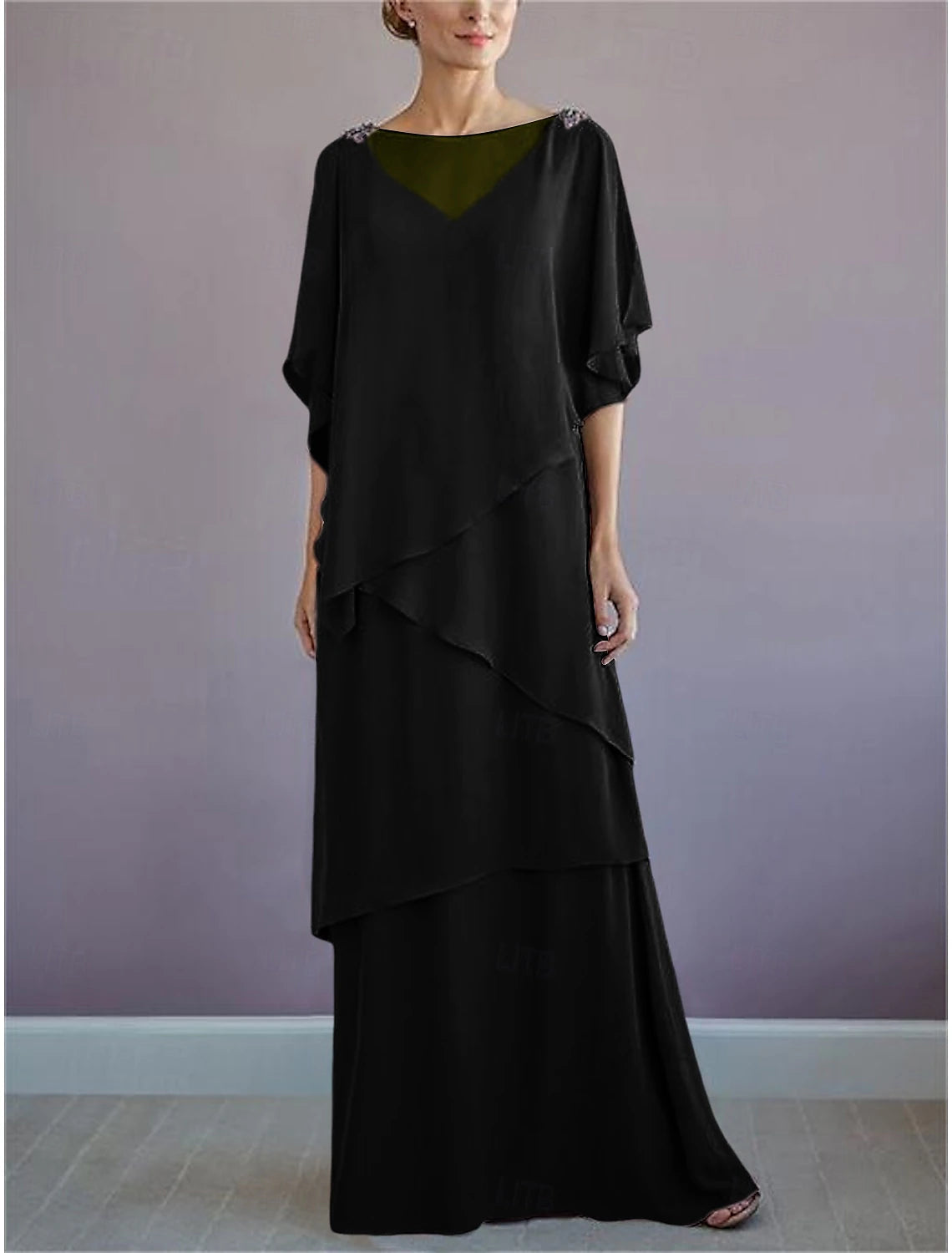 Beach Wedding A-Line Mother of the Bride Dress Formal Wedding Guest Elegant Bateau Neck Floor Length Chiffon Half Sleeve with Ruffles Draping Tier