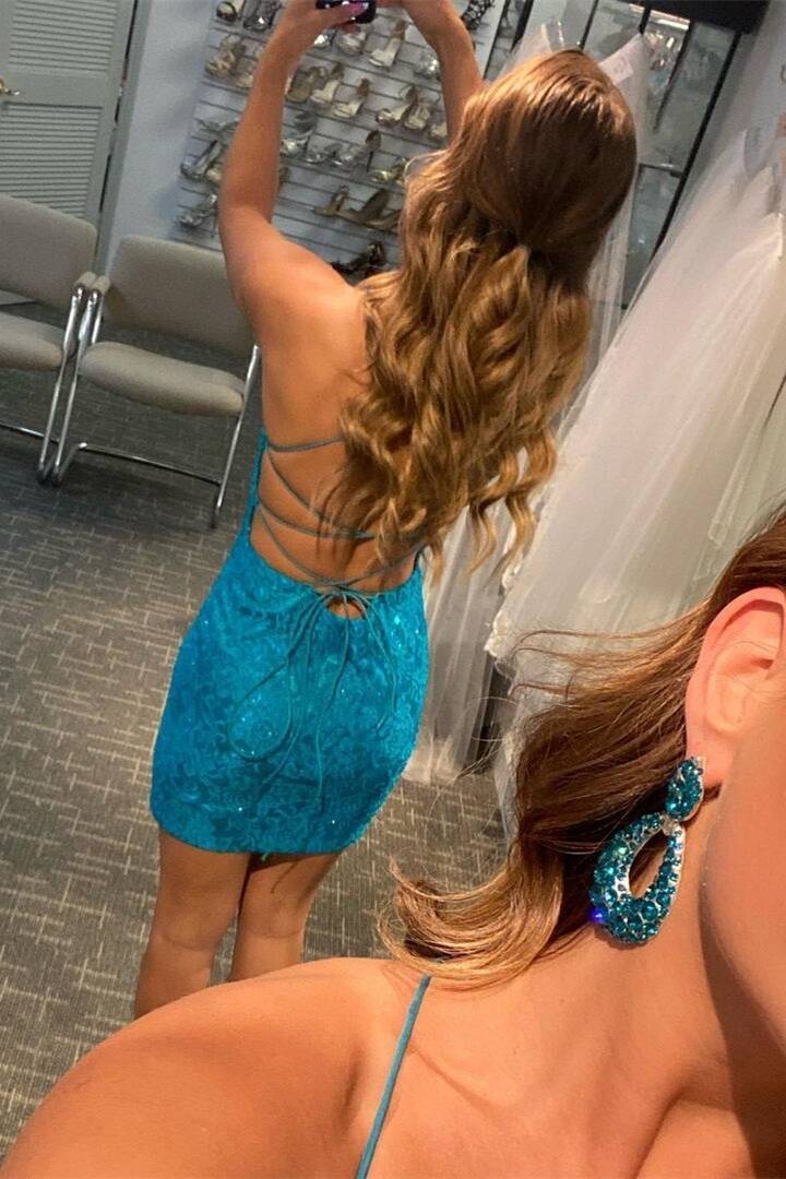 Blue lace tight back school dress with back tie