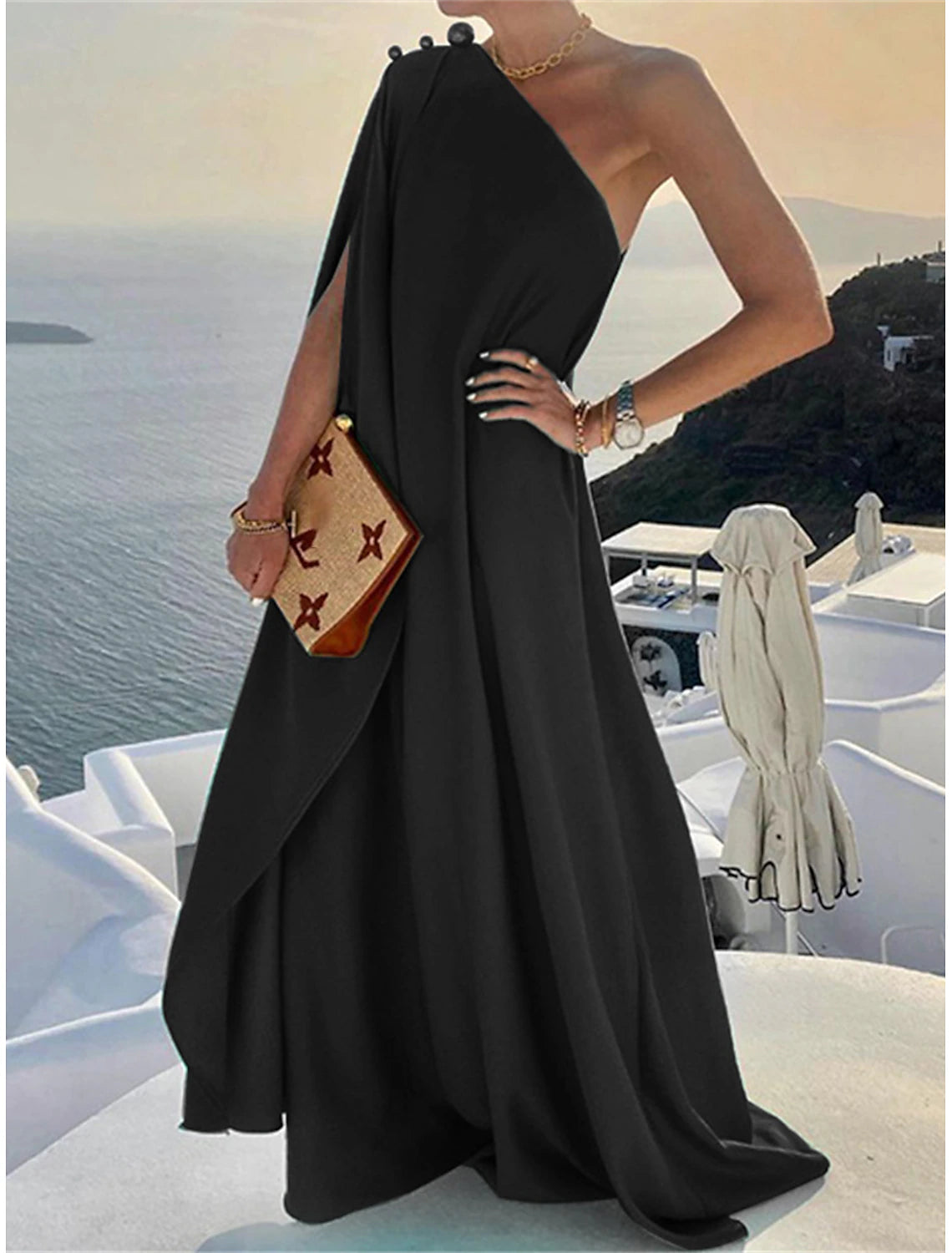 Women's Prom Dress Party Dress Wedding Guest Dress Polyester Patchwork One Shoulder 3/4 Length Sleeve Floral Vacation Wedding Guest Elegant Black Yellow Summer Spring