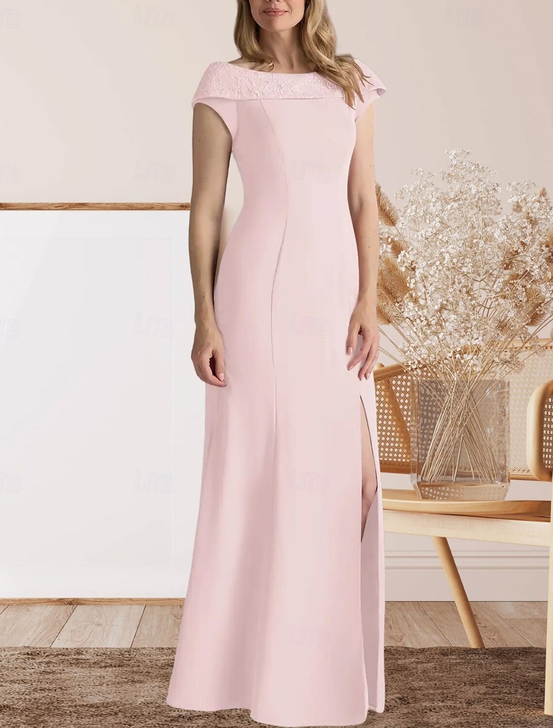 Mermaid / Trumpet Mother of the Bride Dress Wedding Guest Elegant Sweet Crew Neck Floor Length Lace Stretch Fabric Cap Sleeve with Lace Split Front