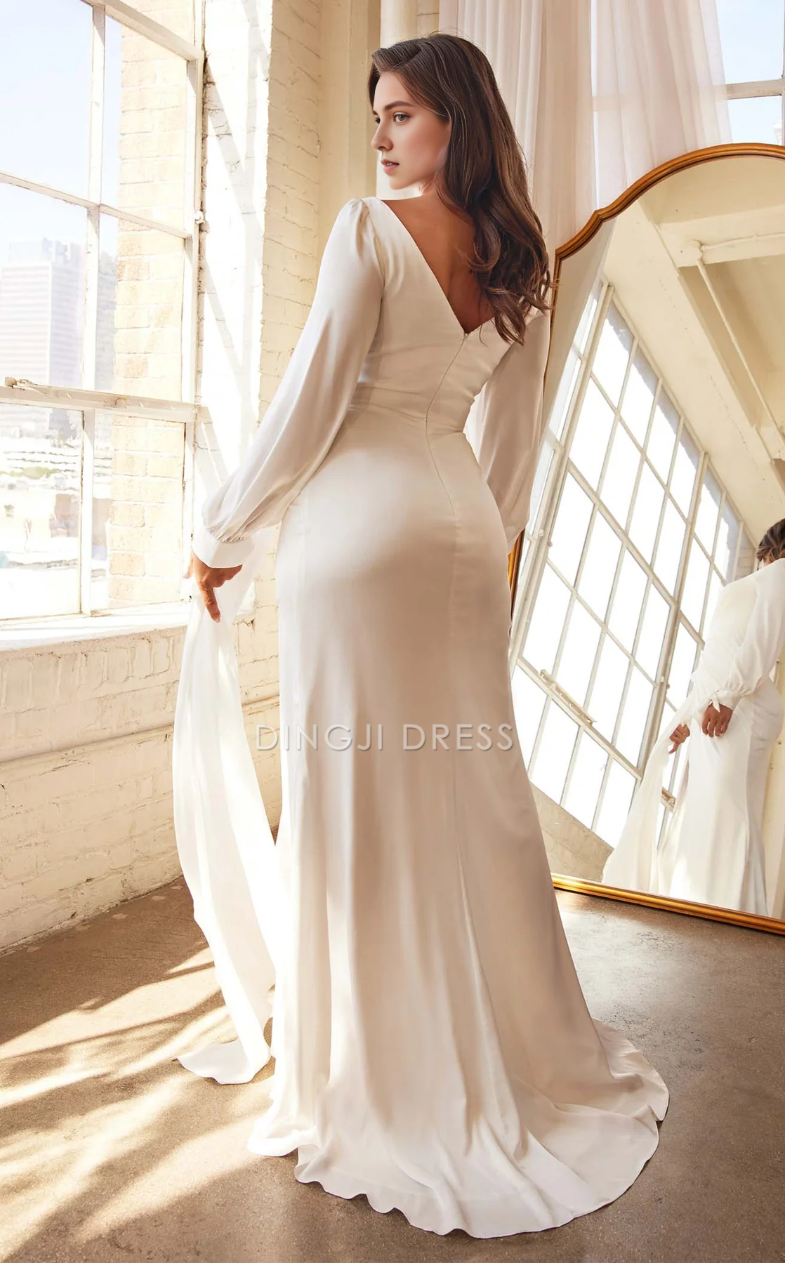 DingJiDress Hot Sale Wedding Dress Fashion Sheath V Neck Long Sleeves Pleated Side Fork Elegant Simple Formal Wear Dresses