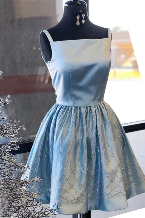 Shiny Blue Satin Beading Square Neck Sleeveless Homecoming Knee Length Prom Dress