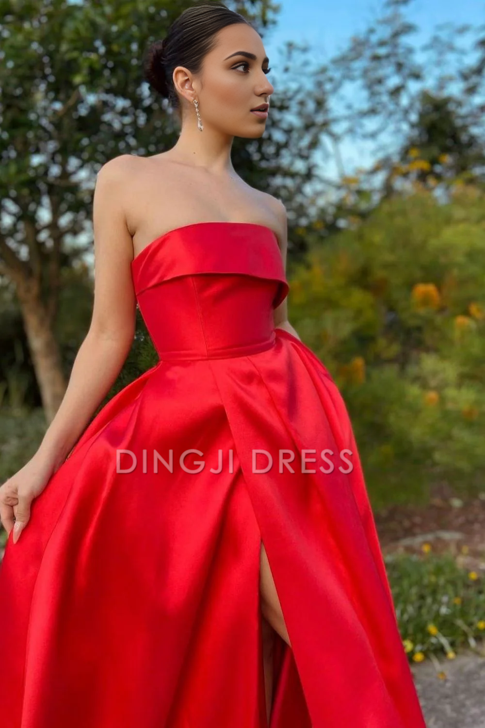 DingJiDress Trendy A Line Strapless Long with Split Front Elegant Prom Dress