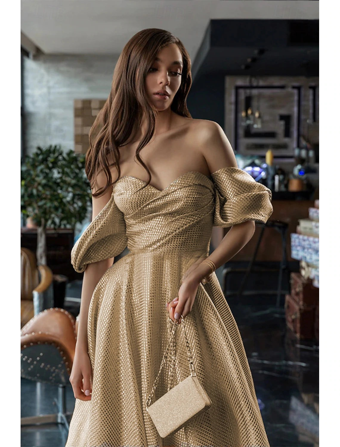 A-Line Evening Gown Elegant Dress Formal Sweep / Brush Train Long Sleeve One Shoulder Pocket Satin with Glitter