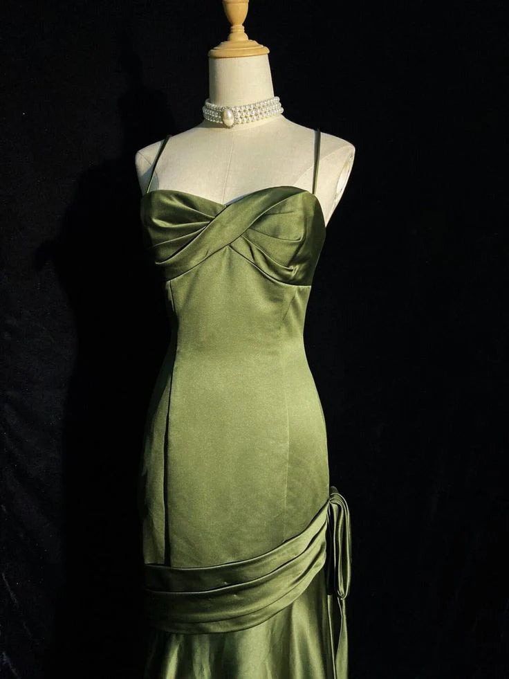 Simple green satin long lace up ballroom dress formal dress