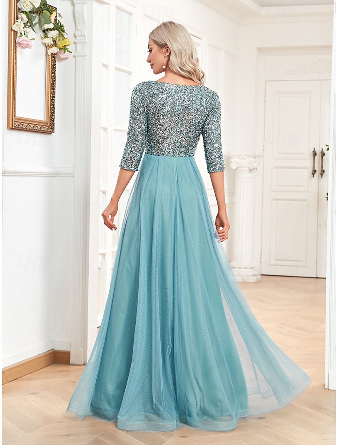 A-Line Prom Dresses Glittering Dress Formal Wedding Floor Length Long Sleeve V Neck Tulle with Glitter