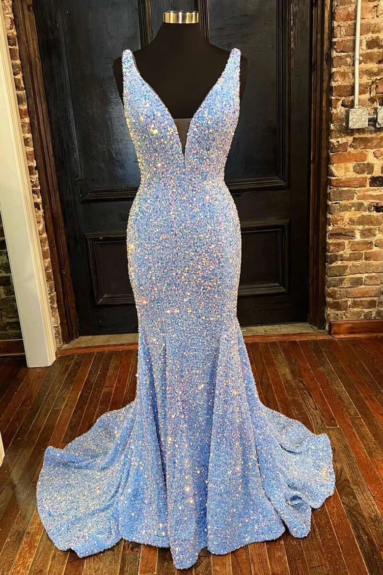 Glitter Plunge Pink Sequin Trumpet Long Formal Dress