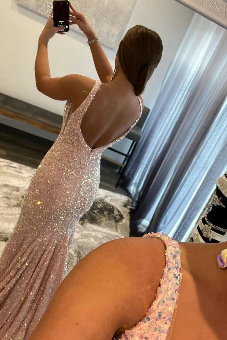Glitter Plunge Pink Sequin Trumpet Long Formal Dress