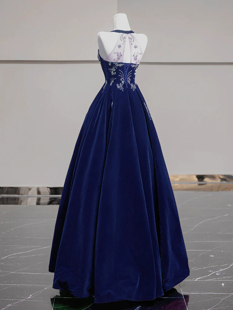 A-Line Velvet Beads Dark Blue Long Prom DressBlue Long Evening Dress
