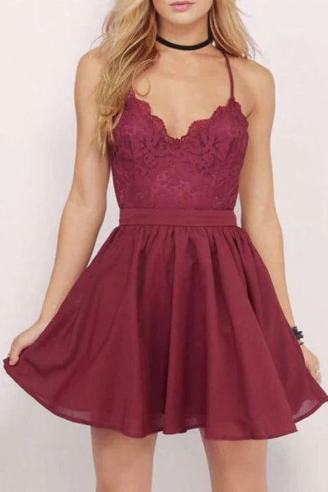Spaghetti Straps Chiffon Short Homecoming with Lace Top Mini Grad Dress