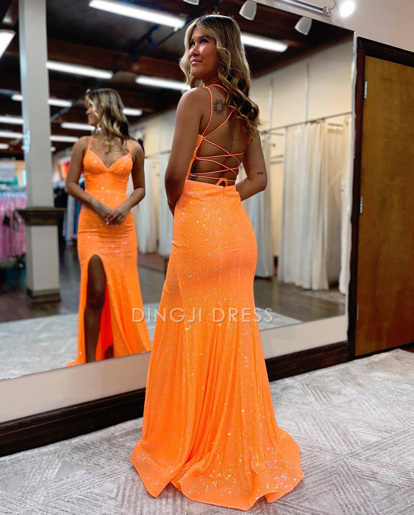 DingJiDress Sparkle Mermaid Spaghetti Straps Lace Up-Corset With Split Charming Prom Dress