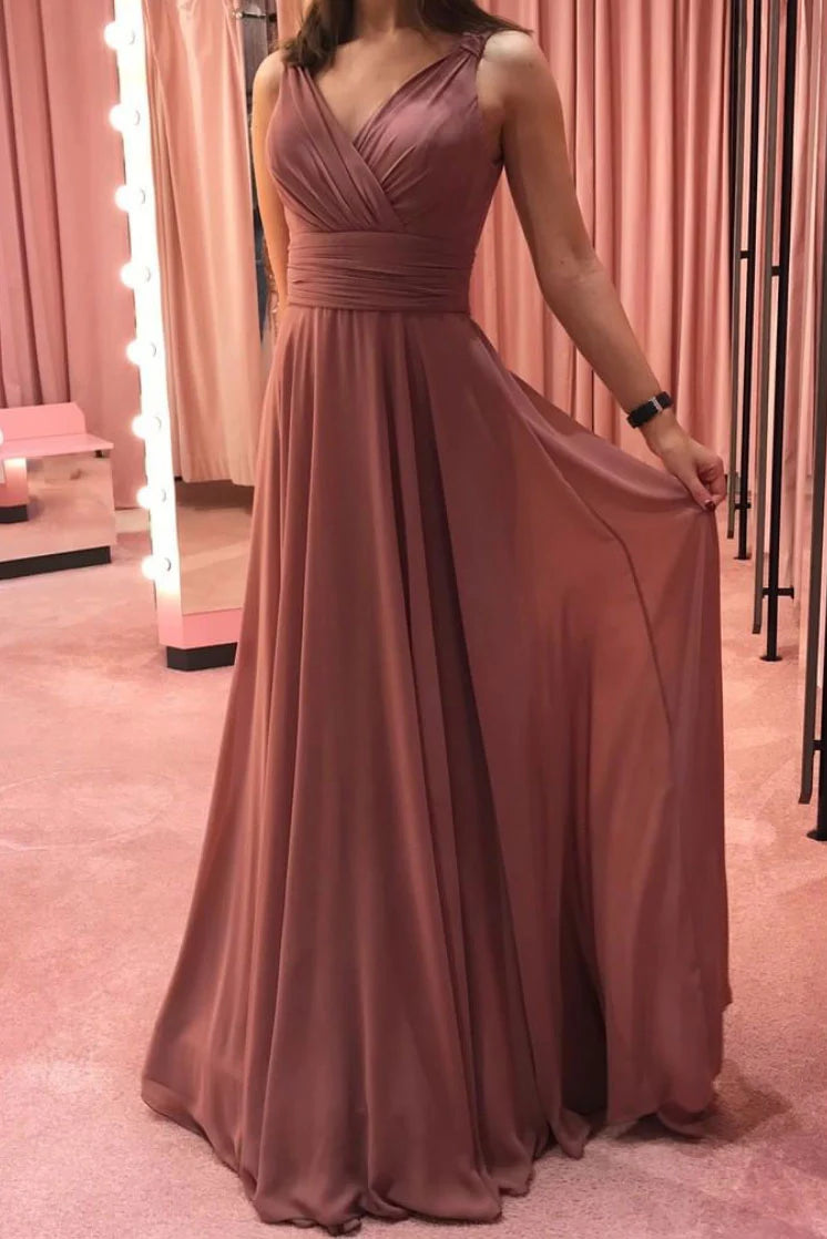 Simple v neck chiffon long prom dress chiffon formal dress