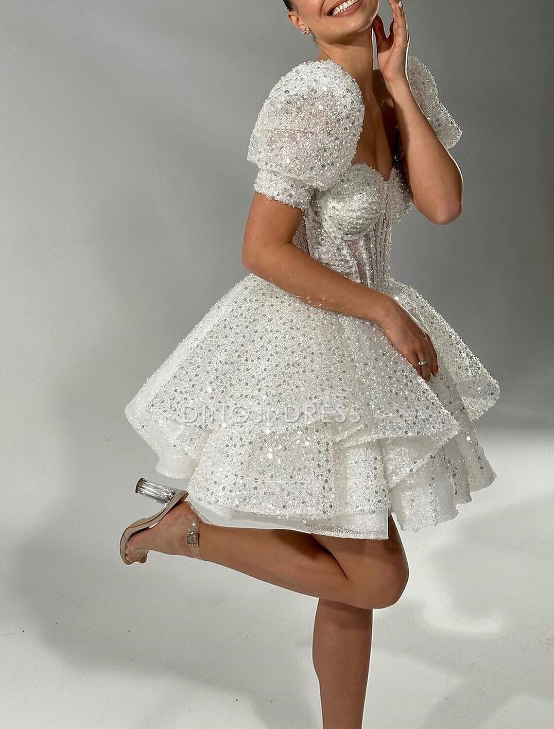 DingJiDress Hot Sale Short Prom Dress A-Line Sweetheart Corsets Cocktail Dresses Birthday Party Short Sleeve Pearls Sequin New Homecoming Dress