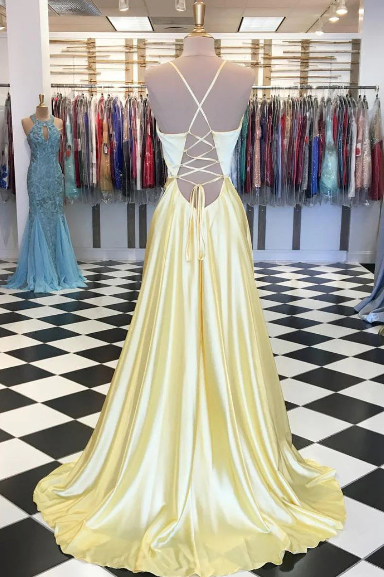 Simple yellow satin long prom dress  yellow evening dress