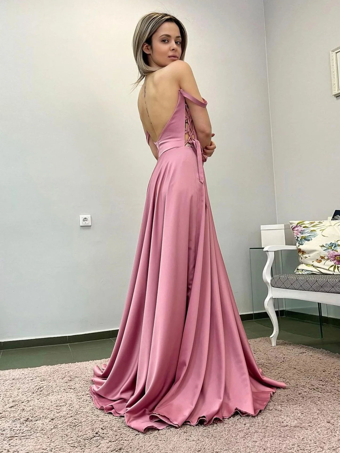 Simple A line satin long pink prom dress pink evening dress