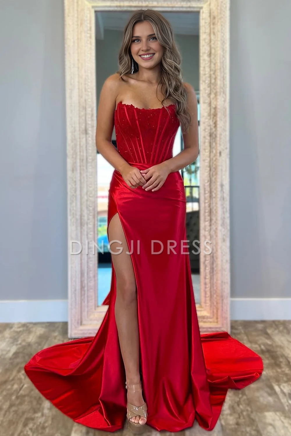 DingJiDress Stunning Strapless Glitter Top Long Satin with Slit Elegant Prom Dress