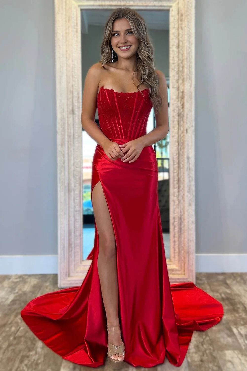 DingJiDress Stunning Strapless Glitter Top Long Satin with Slit Elegant Prom Dress